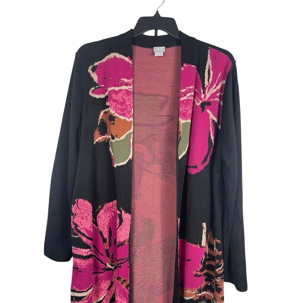 Chico’s Travelers Dark Floral Cardigan Womens 4 XL Black Pink Open Front Duster - Picture 3 of 13